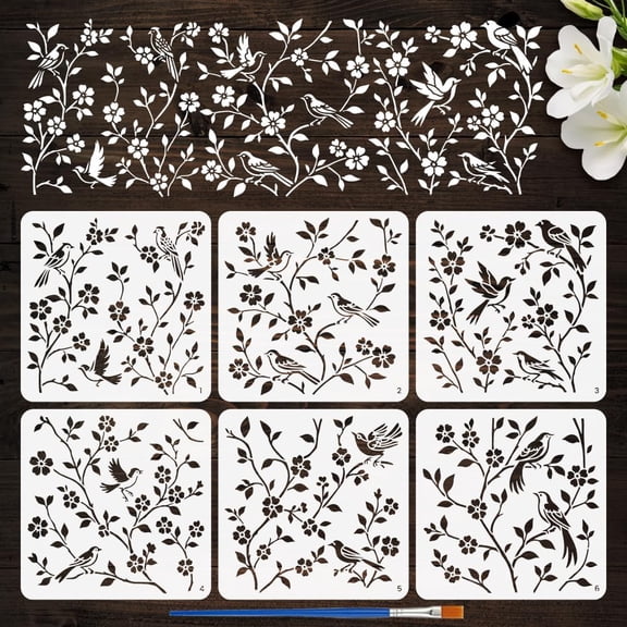 6 Pcs Bird Flower Painting Stencil with Brush 11.8x11.8inch Reusable Birds on Tree Stencil Drawing Template Animals Theme DIY Decoration Template for Painting on Wood Fabric