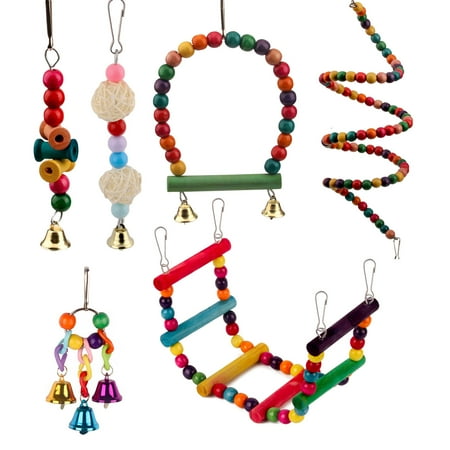 6 Pcs Bird Parrot Toys, Bird Swing Toy Colorful Chewing Hanging Hammock Swing Simple Bell Small String Bird Toys for Parrots, Conure