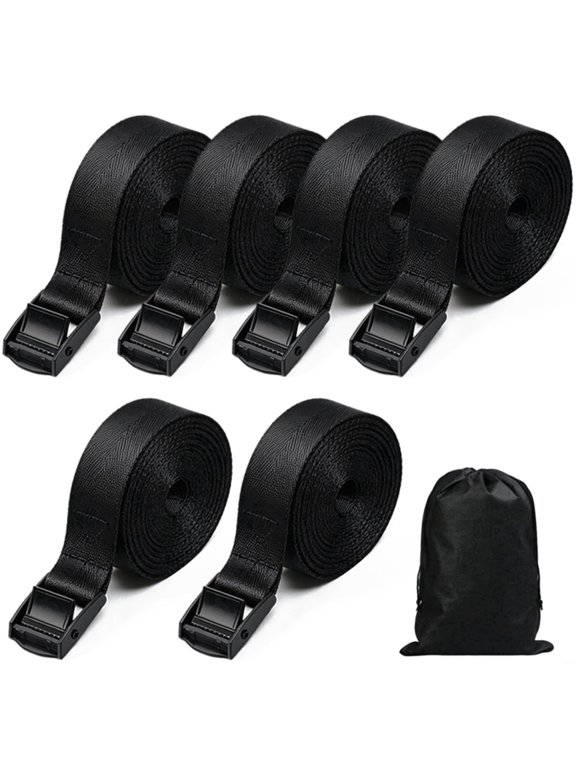 6 Pcs Black Cam Buckle Tie Down Straps, Adjustable Lashing Belts, Heavy Duty Fastening Straps for Cargo Luggage, Come with Storage Drawstring Bag