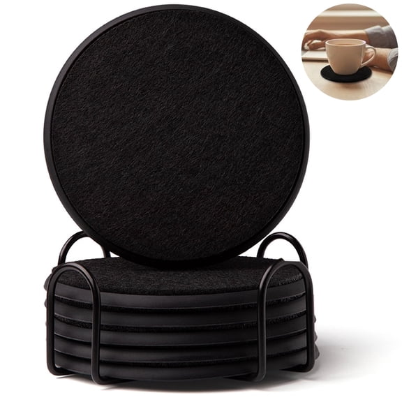 6 Pcs Black Coasters with Holder Set – Absorbent Felt Coasters with Non‑Slip Silicone Ring, Metal Storage Rack, 4.7", for Drinks, Kitchen & Home Bar