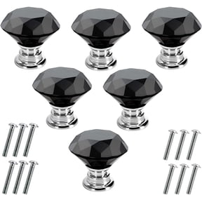 6 Pcs Black Crystal Glass Cabinet Knobs 30mm Diamond Drawer Pulls Handles for Kitchen Cupboard Wardrobe