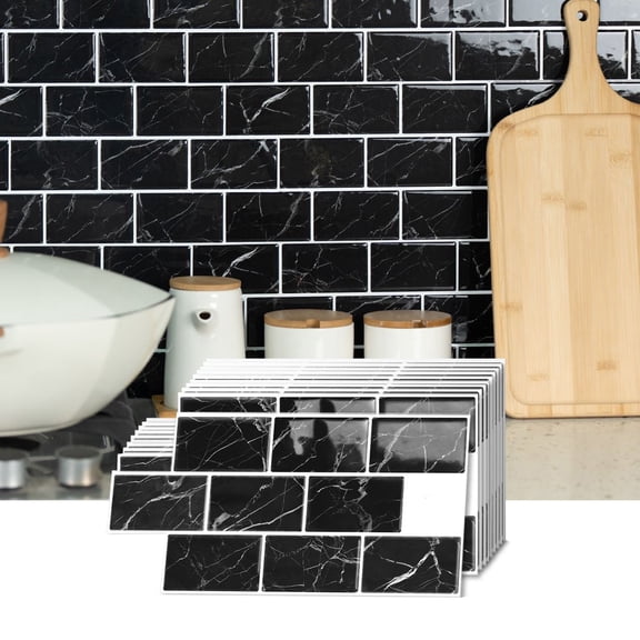6 Pcs Black Gray Marbling Tiles Stickers 6 x 12inch DIY Decor Mosaic 3D Brick Wall Decals Waterproof Peel and Stick Kitchen Backsplash