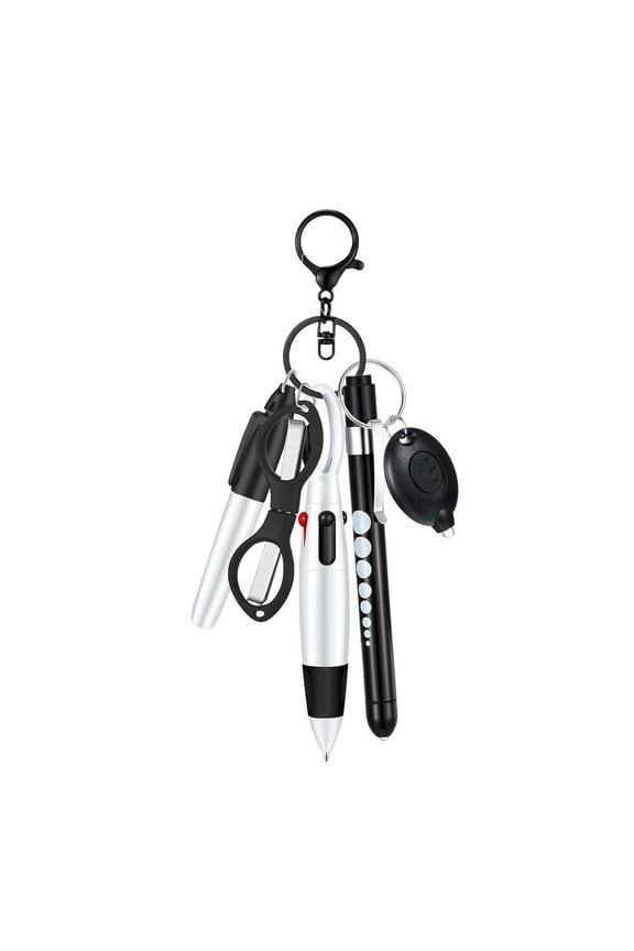 6 Pcs Black Nurse Pen Set, Including Permanent Marker, Retractable Ballpoint Pen, Keychain Clip, Foldable Scissors, LED Flashlight Keychain, Black Nurse Essentials for Work