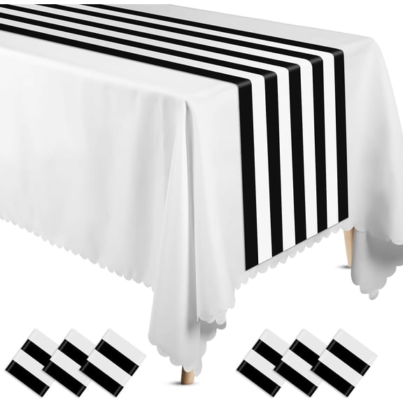6 Pcs Black and White Striped Table Runner 14 x 108'' Plastic Striped Table Runner Disposable Elegant Classic Decoration for Halloween Wedding Dinner Banquet Birthday Party Supplies