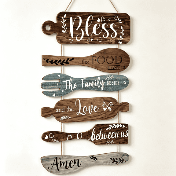 6-Piece Rustic Hanging Wooden Roped Decorative Sign Set, 13x21 In Vertical Farmhouse Kitchen Wall Decor, Dining Room Collage Art, Ideal Gift for Home Supplies
