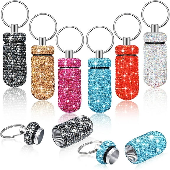 6 Pcs Bling Pill Case Portable Pill Container Keychain Waterproof Pill Holder Crystal Rhinestone Cute Pill Container for Small Medicine Dispenser Bottle for Outdoor Camping Travel (Bright Color)