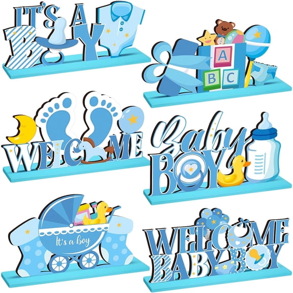 6 Pcs Blue Baby Shower Wooden Table Decorations It's a Boy Baby Shower Centerpieces Welcome Boy Gender Reveal Party Table Topper Decors for Newborn Announcements Birthday Spring Party Photo Props