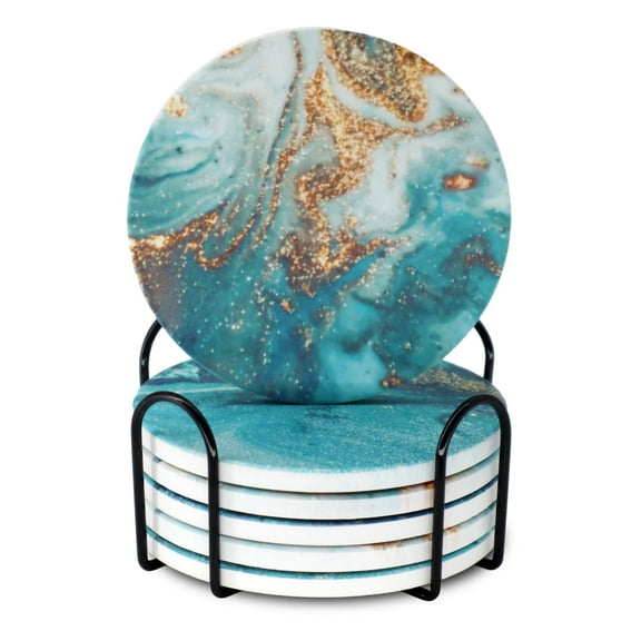 6 Pcs Blue Marble Ceramic Coasters With Holder Absorbent Drink Gold Ocean Coaster Set Decorative Coffee Cup Outdoor Round Abstract Cute Table Beverage Wine Beer Bar Beach