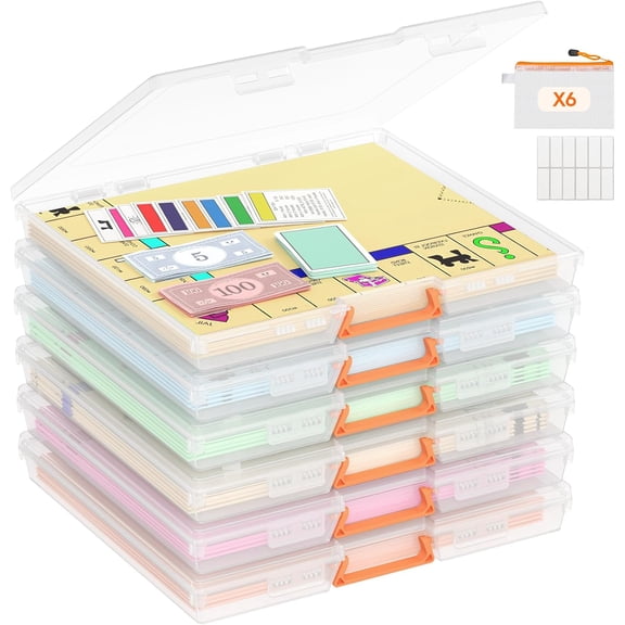 6 Pcs Board Game Storage Boxes, 12.2x10.6'' Paper Container with Secure Latch, Plastic Portable Organizer with Handle & Labels for File,Document,Puzzles, Cards, Art Supplies