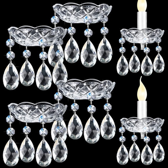 6 Pcs Bobeches for Chandelier 4 Inch Crystal Chandeliers Teardrops Pendant Bobeche Replacement Parts with 4 Side Holes for Candle Home Wedding Birthday Party Decor(Crystal, Stylish Style)
