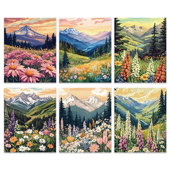 6 Pcs Boho Abstract Wildflower Mountain Scenery Wall Art Prints Vintage Floral Forest Aesthetic Posters Modern Nature Landscape Wall Decor