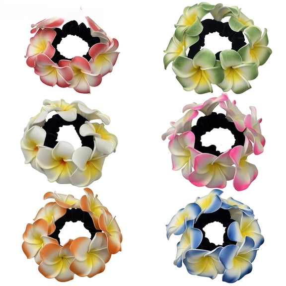 6 Pcs Boho Flower Scrunchies Set, Elastic Floral Hair Ties with Frangipani Design, Lightweight Fabric Ponytail Holders for Women, Beach Vacation Wedding Party Hair Accessories Gift
