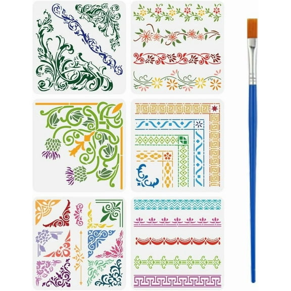 6 Pcs Border Corners Large Stencil 11.8x11.8inch Floral Border Corners Painting Stencils Vintage Damask Border Drawing Stencils Reusable Geometric Borders Templates for Wall Furniture