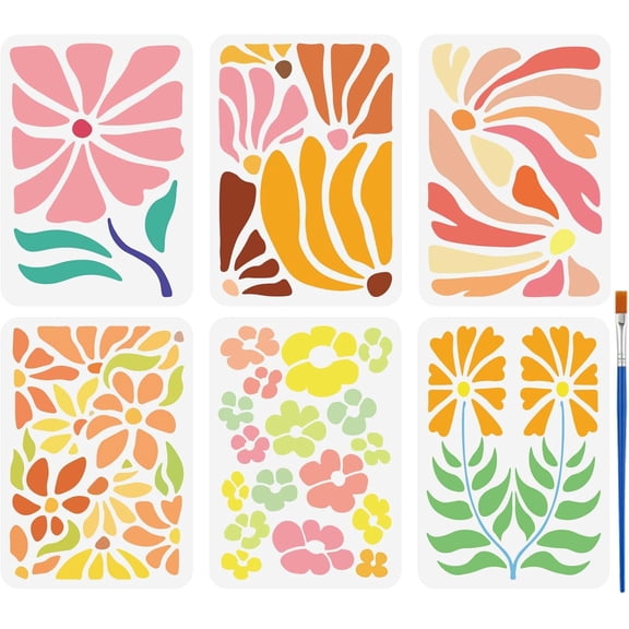 6 Pcs Botanical Flower Stencil with a Paint Brush 8.3x11.7inch Flower Pattern Botanical Texture Stencil Vintage Tropical Floral Decorative Stencil for Wall Tiles Floor Paper Furniture