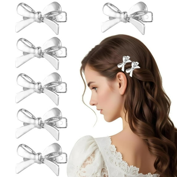 6 Pcs Bow Hair Clips,Topboutique Metal Bow Hairpins,Silver Broken Hair Clip,Small Hair Claw Clips,Cute Bow Bangs Claw Clips,Duckbill Hairpin Clips Bow Hair Accessories for Girls Bangs Braid Decor