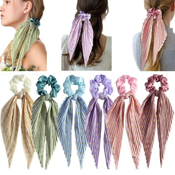 6 Pcs Bow Hair Scrunchies,Topboutique Silk Satin Scrunchies,Hair Ties with Long Ribbon Bow Tail,Elastic Ropes Ribbon Scrunchy,Ponytail Holder for Women and Girls Teens,6 Colors