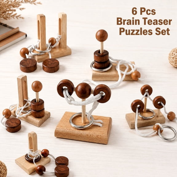 6 Pcs Brain Teaser Puzzles Set, 3D Wood Trick Puzzle Brain Games for Adults, Table Top Logic Puzzles with Rope and Lock Design, Stress Relief Toy to Unlock Ropes, Cool Desk Gadgets