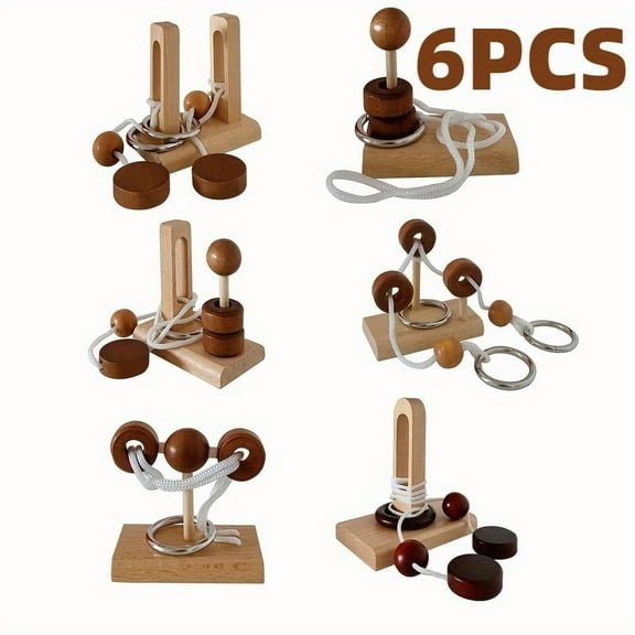 6 Pcs Brain Teaser Puzzles Set, 3D Wood Trick Puzzle Brain Games for Adults, Table Top Logic Puzzles with Rope and Lock Design, Stress Relief Toy to Unlock Ropes, Cool Desk Gadgets