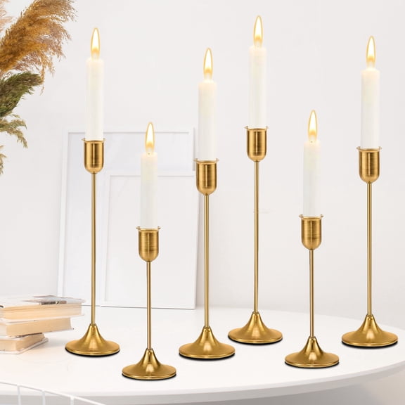 6 Pcs Brass Gold Candle Holders Set, Candelabra Tall Candle Stand, Metal Taper Candlestick Holders for Dining, Table Centerpieces & Vintage Home Decor– Housewarming Gift, Mantel Decor