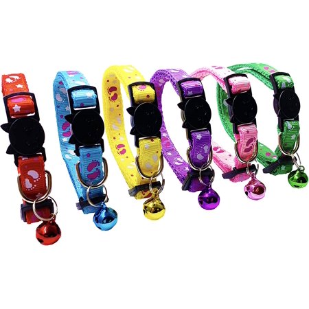 6 Pcs Breakaway Cat Collars Adjustable Colorful Nylon Safety Pet Collar Printed Footprint with Bells