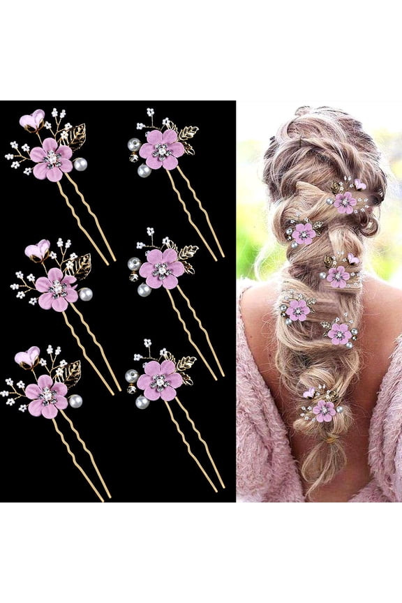 6 Pcs Bridal Flower Wedding Hair Pins Crystal Pearl Hair Pins Clips Headpiece Gold Wedding Hair Accessories Jewelry with Rhinestone for Brides Bridesmaids Women Girls Updo (Romantic Lilac Purple)