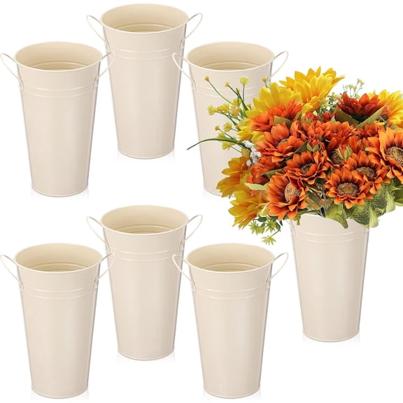 6 Pcs Buckets Bulk Cut Flower Bar Supplies Fall Thanksgiving Wedding Galvanized Vase Metal Bloom Bridal Bouquet Pail with Handle French Centerpiece Farmhouse Florist Rustic(White,9.8 Inch)