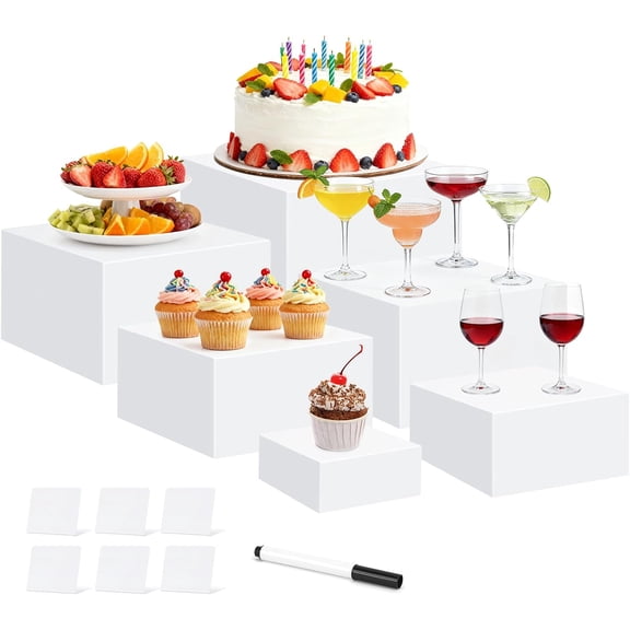 6 Pcs Buffet Risers, Acrylic Food Risers for Buffet Table, 6 Sizes (5x6x6.8x7x7.5x8 Inch) Display Stand Shelf for Party Catering Dessert Collectibles - Stackable Cube Boxes Display with Hollow Bottom