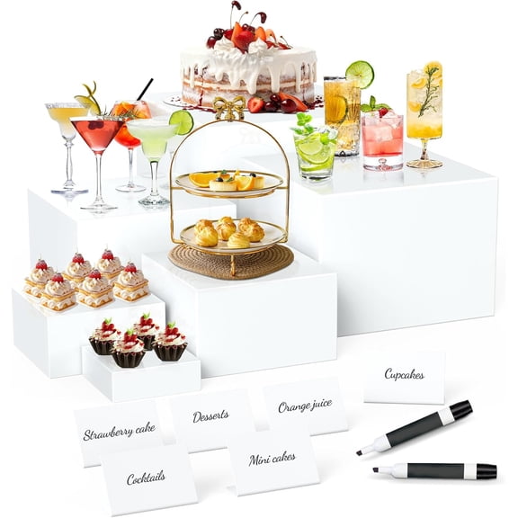 6 Pcs Buffet Risers with Mini Sign and Maker, Food Risers Display Stands for Buffet Table Party Catering Dessert Jewelry Collectibles, Nesting Cube Boxes with Hollow Bottoms (8",7",6",5",4",3")