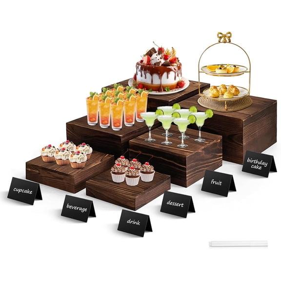 6 Pcs Buffet Risers and stands with Food Signs, Food Risers for Buffet Table, Rustic Wood Cake Stand, Wood Risers Display Stands for Decor, Party, Birthday, Wedding, Baby Shower