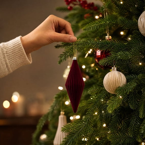 6 Pcs Burgundy Velvet Christmas Tree Ornaments,Irregular Shapes Vintage Finish Hanging Ornament for Xmas Tree Fireplace Window Door,Holiday Party Decor