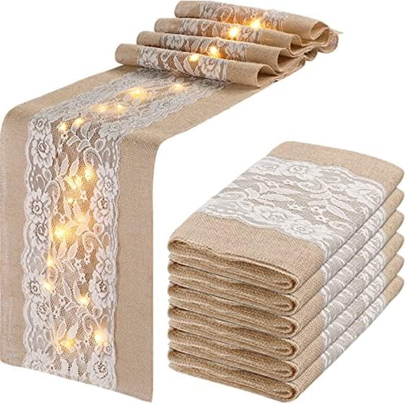 6 Pcs Burlap Table Runner with LED String Lights 12 x 108 Inches Rustic Jute Lace Table Runners Farmhouse Jute Linen Decoration Wedding Decor for Holiday Party Wedding Decorations