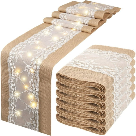 6 Pcs Burlap Table Runner with Lights 12 x 108 Inches Burlap Lace Table Runner Rustic Wedding Decorations Home Party