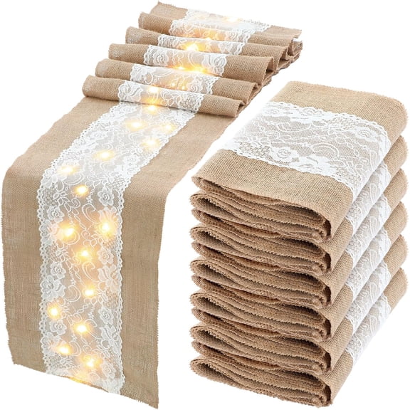 6 Pcs Burlap Table Runner with Lights 12 x 108 Inches Burlap Lace Table Runner Rustic Wedding Decorations Home Party