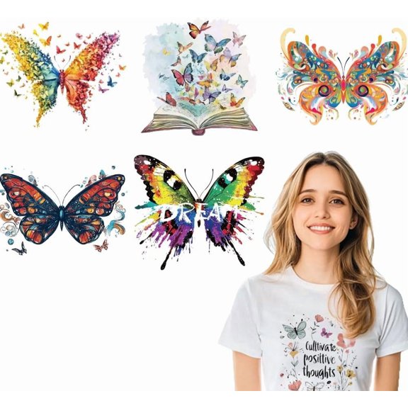 6 Pcs Butterfly Flower Heat Transfer Stickers 6 Styles Inspirational Iron On Transfers Patches Plastic Heat Transfer Decal Clothing Repair Applique for T-Shirt Jackets Backpack Mixed Color