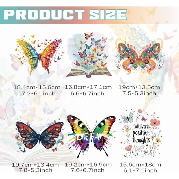 6 Pcs Butterfly Flower Heat Transfer Stickers 6 Styles Inspirational Iron On Transfers Patches Plastic Heat Transfer Decal Clothing Repair Applique for T-Shirt Jackets Backpack