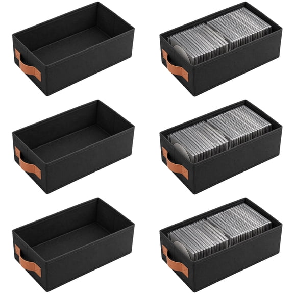 6 Pcs CD Storage Boxes, Foldable Fabric Organizer Bins, Holds up to 120 CDs, Black Storage Cabinets with Handles, Desktop Shelf Closet Cabinet Organizer Cases for Photos, Small Items