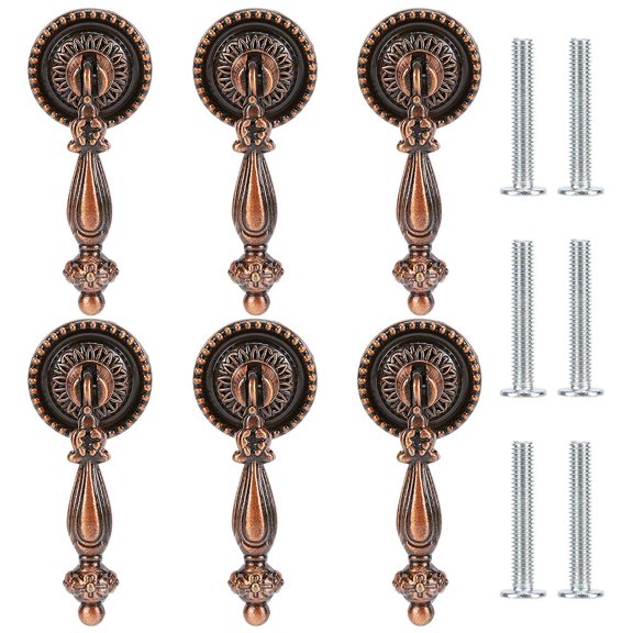 6 Pcs Cabinet Tear Drop Pull Knobs Pendant Antique Decorative Handle Zinc Alloy Hardware for Furniture (Red Bronze, 65mm/2.6inch)