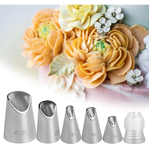 6 Pcs Cake Decorating Tips, Rose Flower Piping Tips Set with Coupler, 304 Stainless Steel Icing Nozzles for Buttercream Frosting, Cookie, Pastry, Dessert Baking for Home Bakers (79/80/81/402/402L)