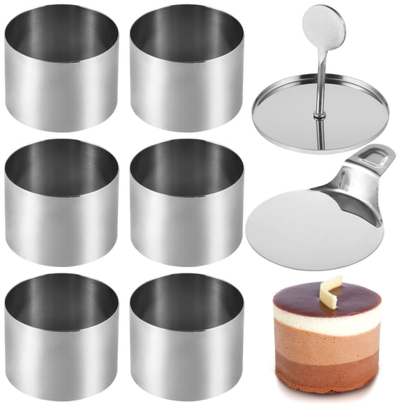 6 Pcs Cake Ring Molds, 2.95 Inch Round Dessert Rings, Stainless Steel Pastry Cutters with Pusher and Lifter, Seamless Mousse Baking Tools, Baking Accessories