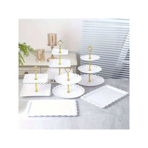 6 Pcs Cake Stand, Plastic Dessert Table Display Set, Three-Tier Shelf, Two-Tier Shelf And Dessert Tray Set. Suitable For Birthdays, Parties, Tea Parties. Black/White