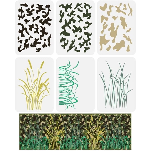 6 Pcs Camo Painting Stencil - 11.7x8.3inch Reusable DIY Plastic Stencil - 6 Styles Camouflage & Grass Pattern - Perfect for DIY Making