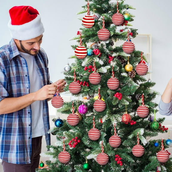 6 Pcs Candy Cane Christmas Ball Ornaments 3in Jute Rope Hanging Balls Peppermint Christmas Decoration for Xmas Tree Wreath Garland Holiday Wedding Home Decoration