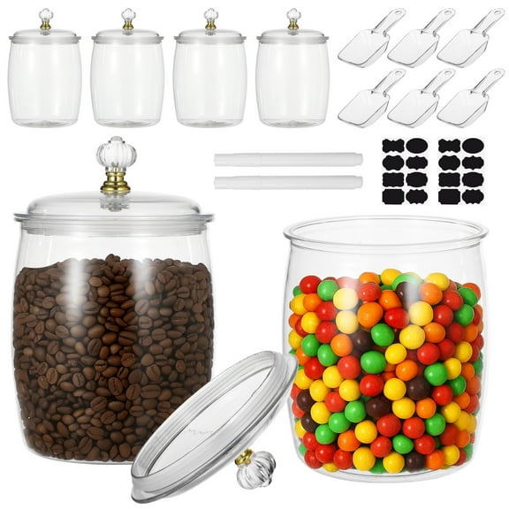 6 Pcs Candy and Cookie Jars, 74 oz Transparent Plastic Jars with Lids, Decorative Storage Containers with Scoops, Labels, and Markers, Airtight Food Canisters for Candy Buffets, Kitchens