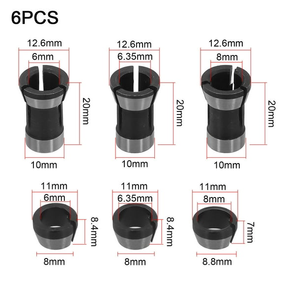 6 Pcs Carbon Steel Collet Chuck Set for Electric Router, 6mm 6.35mm 8mm Sizes for Engraving Trimming Machine, Precision Milling Cutter