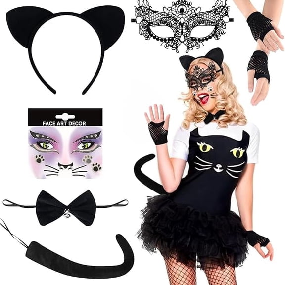 6 Pcs Cat Costume Accessories for Women with Ears, Tails, Headband, Bow Tie for Carnival Halloween Party