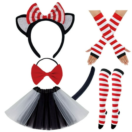 6 Pcs Cat Costume Set Red and White Stripes Headband Tutu Skirt Bowtie Tail Gloves Socks for Girls World Book Day Dress Up