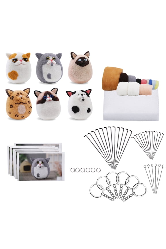 6 Pcs Cat Needle Felting Kit , Animal Wool Felting Kit for Starter Adult, Felt Kit Felting Supplies with Foam Pad Needles Instructions Keychain for Beginners DIY Craft Project Gift
