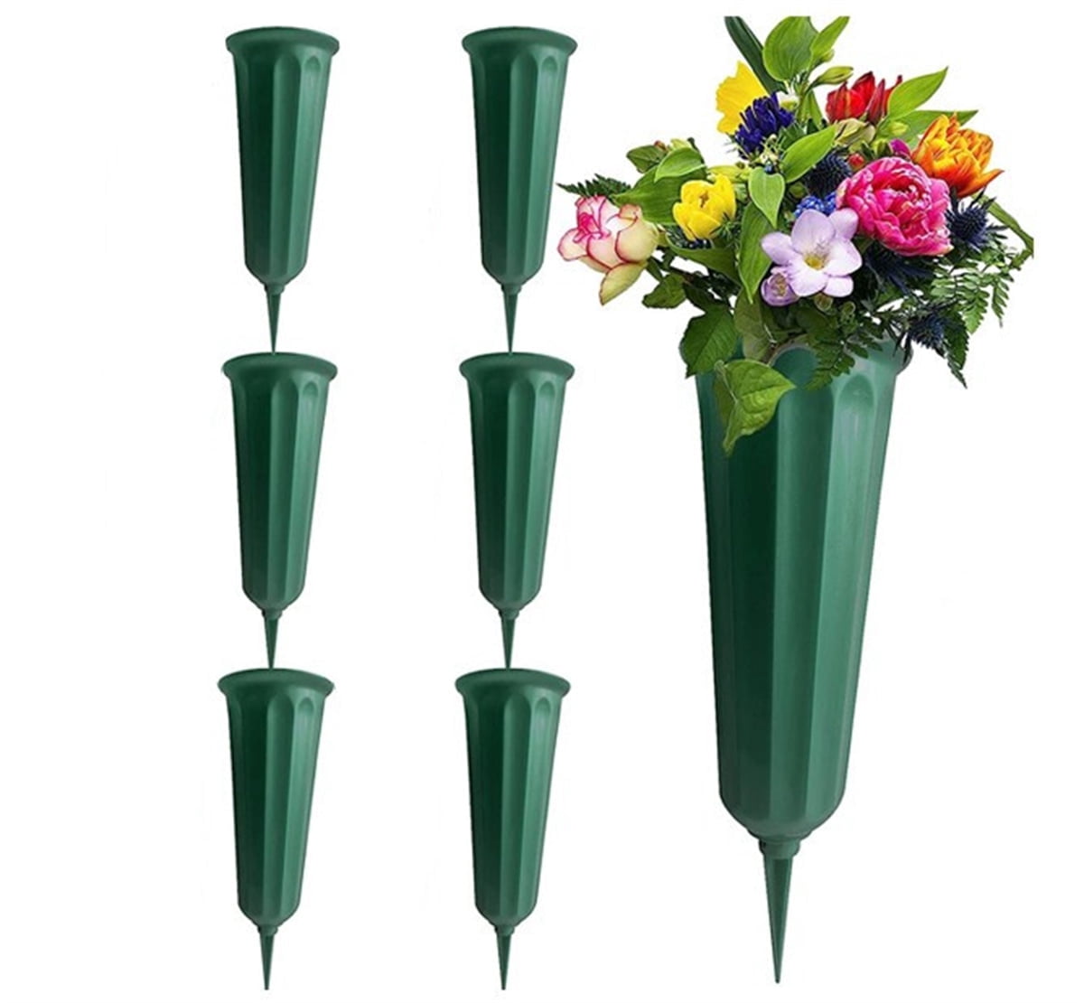 6 Pcs Cemetery Vases with Spikes and Foam,Memorial Cemetery Floral Holders with Stakes,Outdoor In Ground Vases with Stakes for Fresh and Artificial Flowers (Green)
