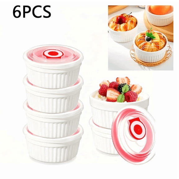 6 Pcs Ceramic Dessert Ramekins with Lids - Oven & Dishwasher Safe Stackable Bowls, Suitable for Desserts, Baking, Oven-Baked Dishes, Ice Cream-Multipurpose Serving Dishes for Parties, Everyday Use