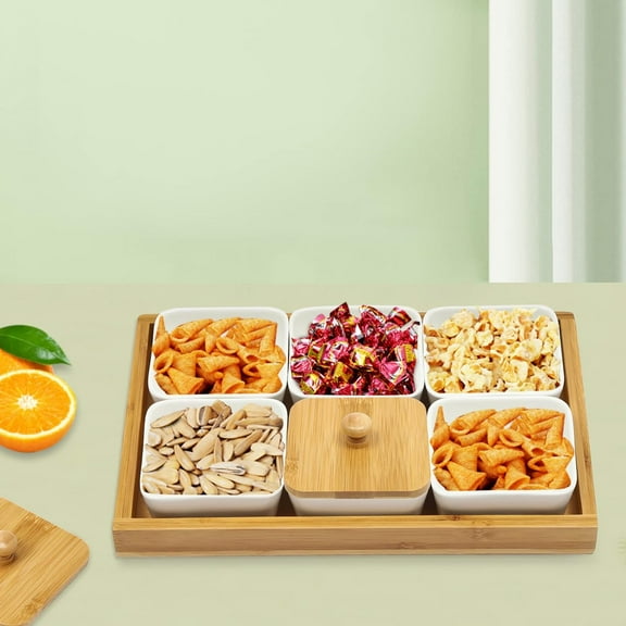 6 Pcs Ceramic Snack Serving Tray Square Condiment Dish Rack Organizer Set with Bamboo Lids for Home Kitchen Snacks Condiments Food Candy Organization Removable Snack Bowls Serving Platter